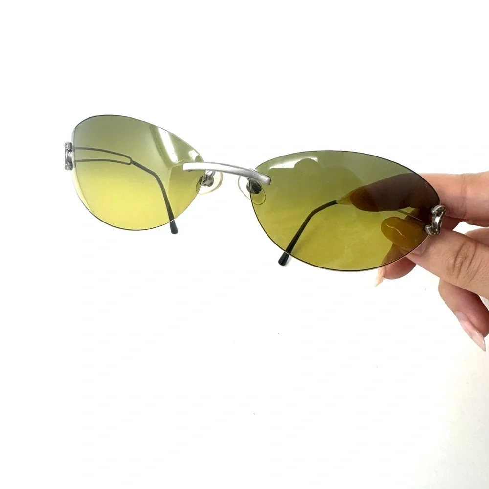 Chanel CC 90’s Vintage Khaki Olive Green Logo Rimless Sunglasses